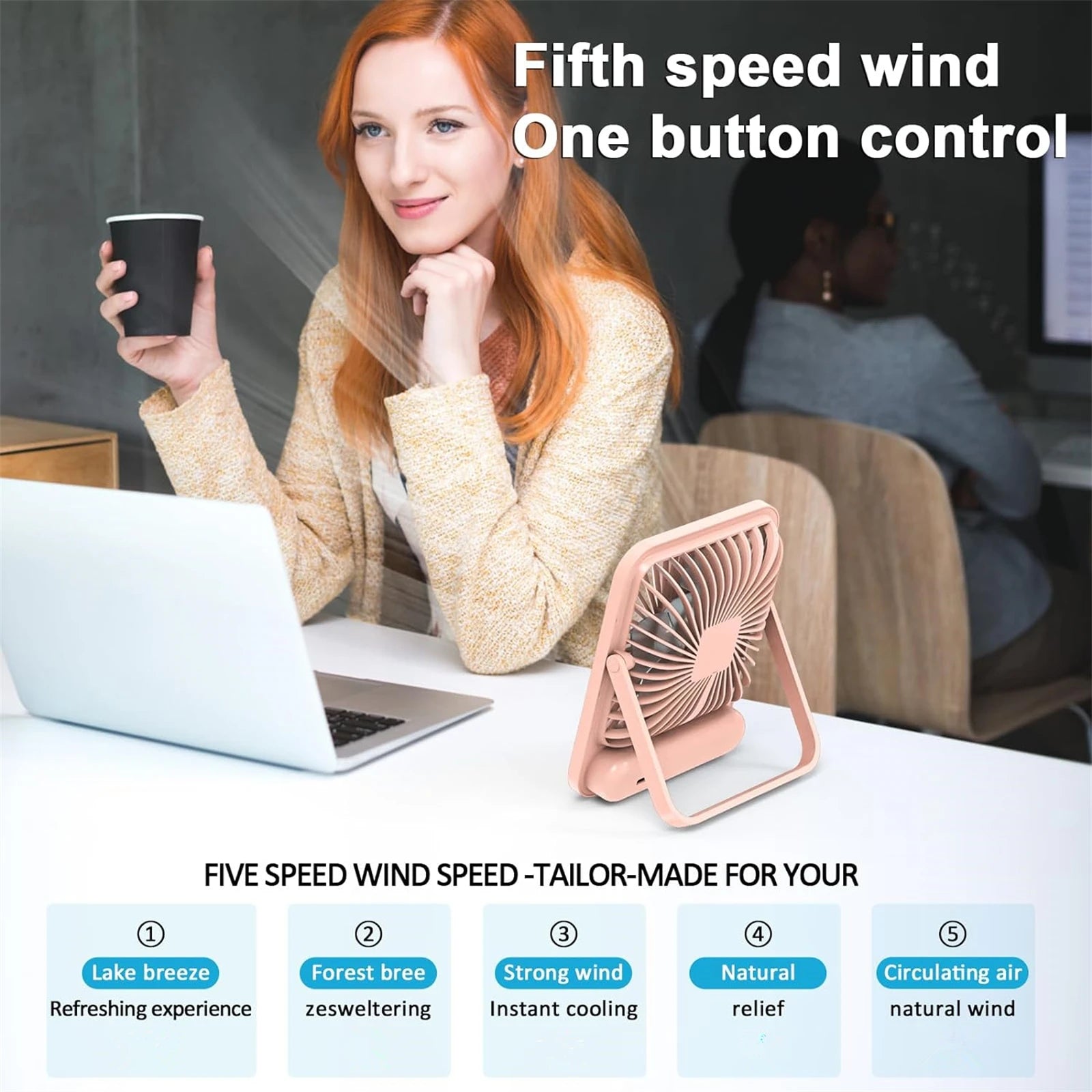 USB Desk Fan – Foldable & Quiet | 5 Speeds + Rechargeable