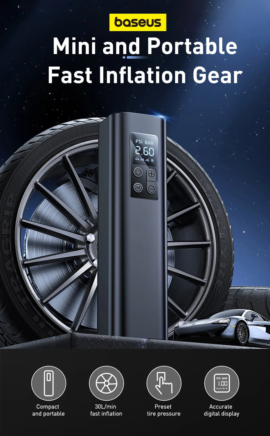 BASEUS™ Car Inflator – 150PSI Smart Digital Pump | Portable