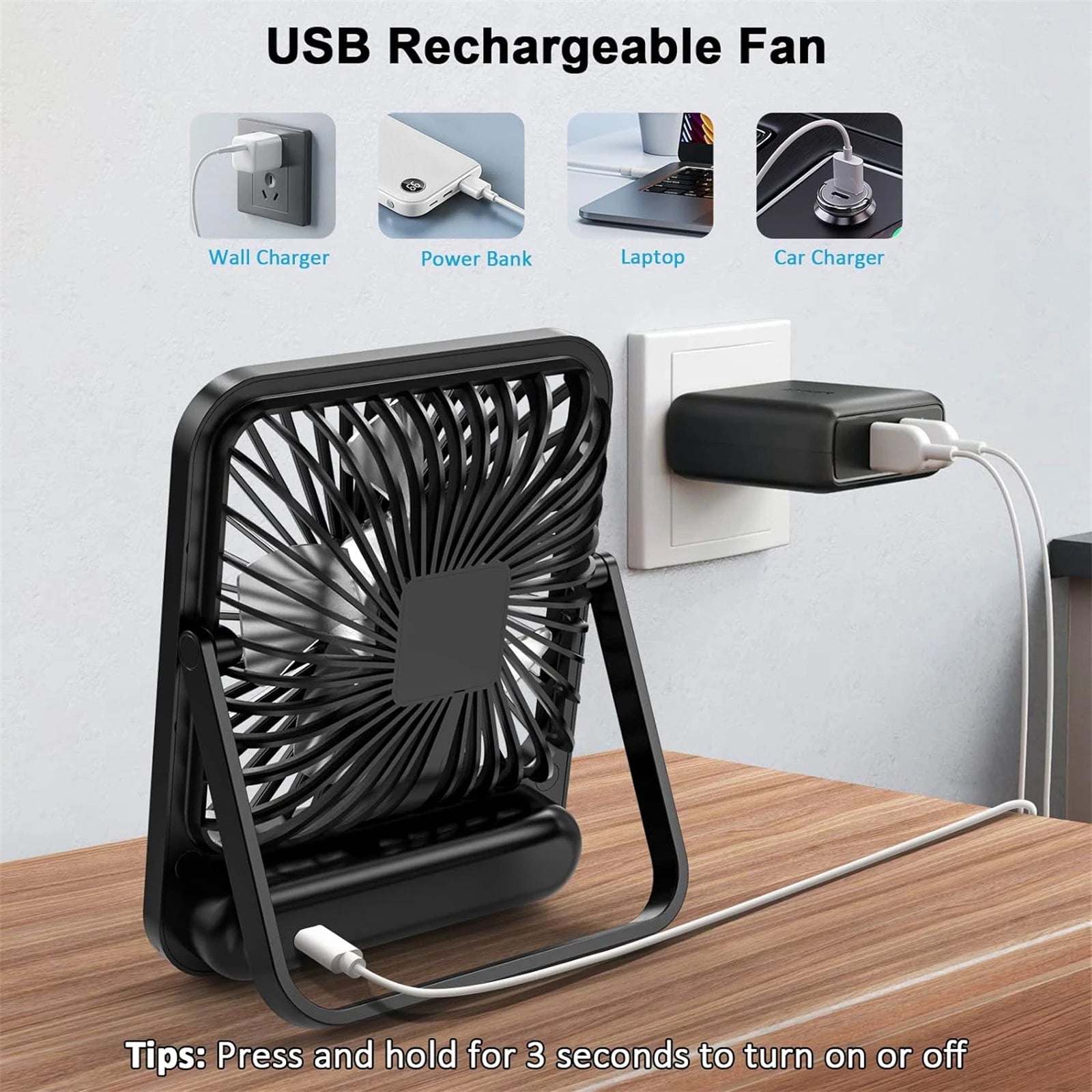 USB Desk Fan – Foldable & Quiet | 5 Speeds + Rechargeable