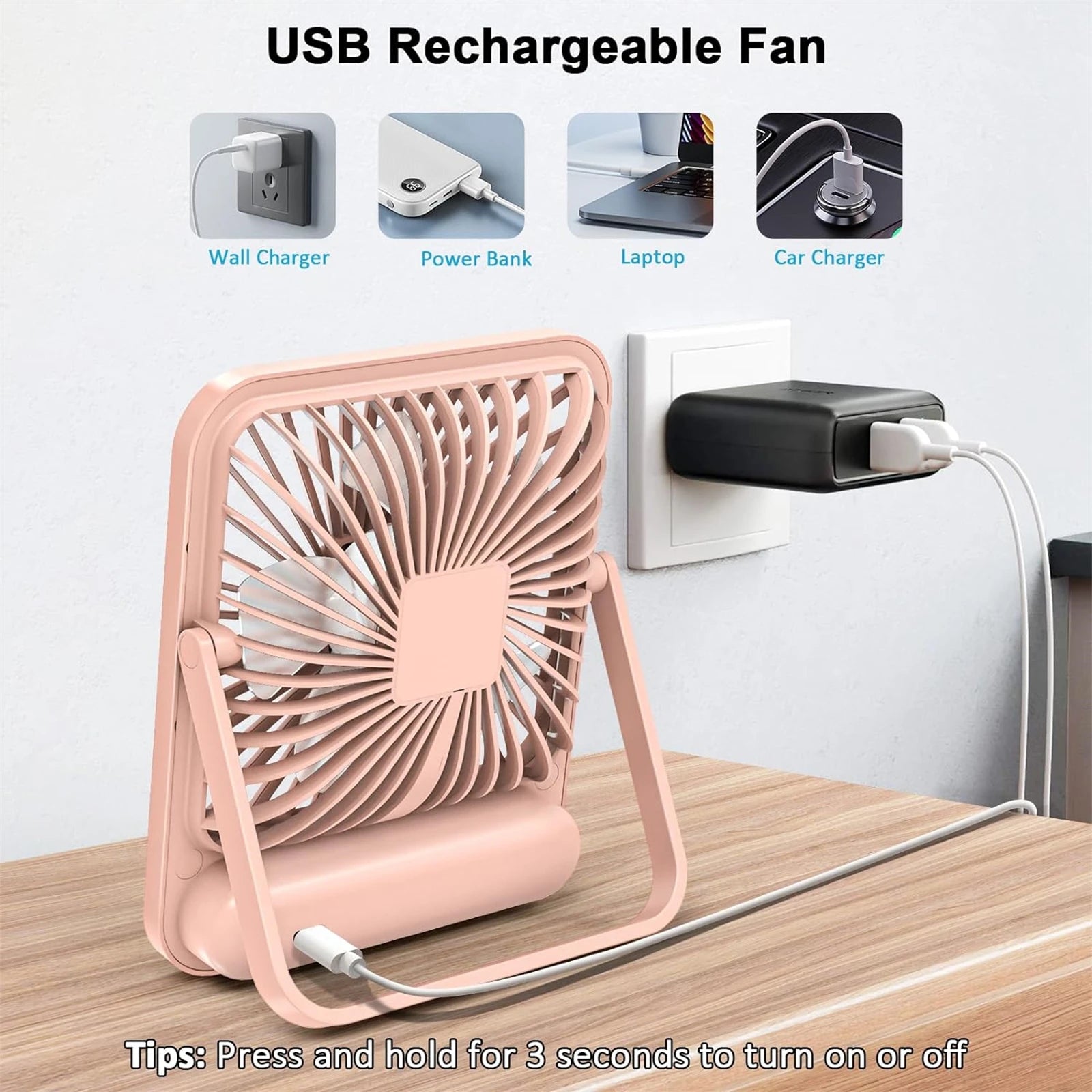 USB Desk Fan – Foldable & Quiet | 5 Speeds + Rechargeable